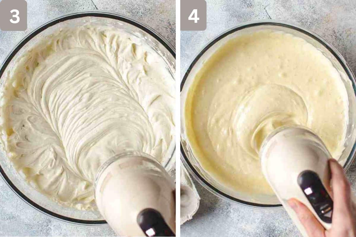 sour cream, lemon juice, lemon zest, and vanilla mixed and then one egg added at a time and mixed on the right