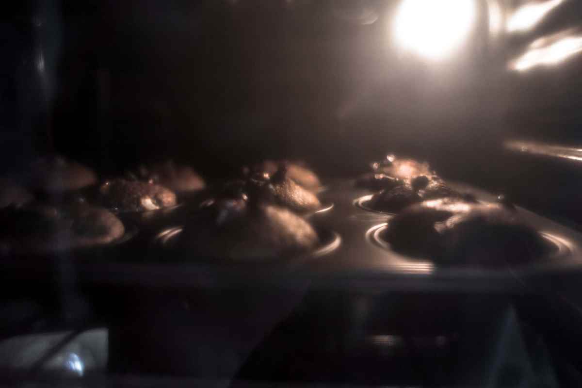 Baking Chocolate Banana Muffins in oven