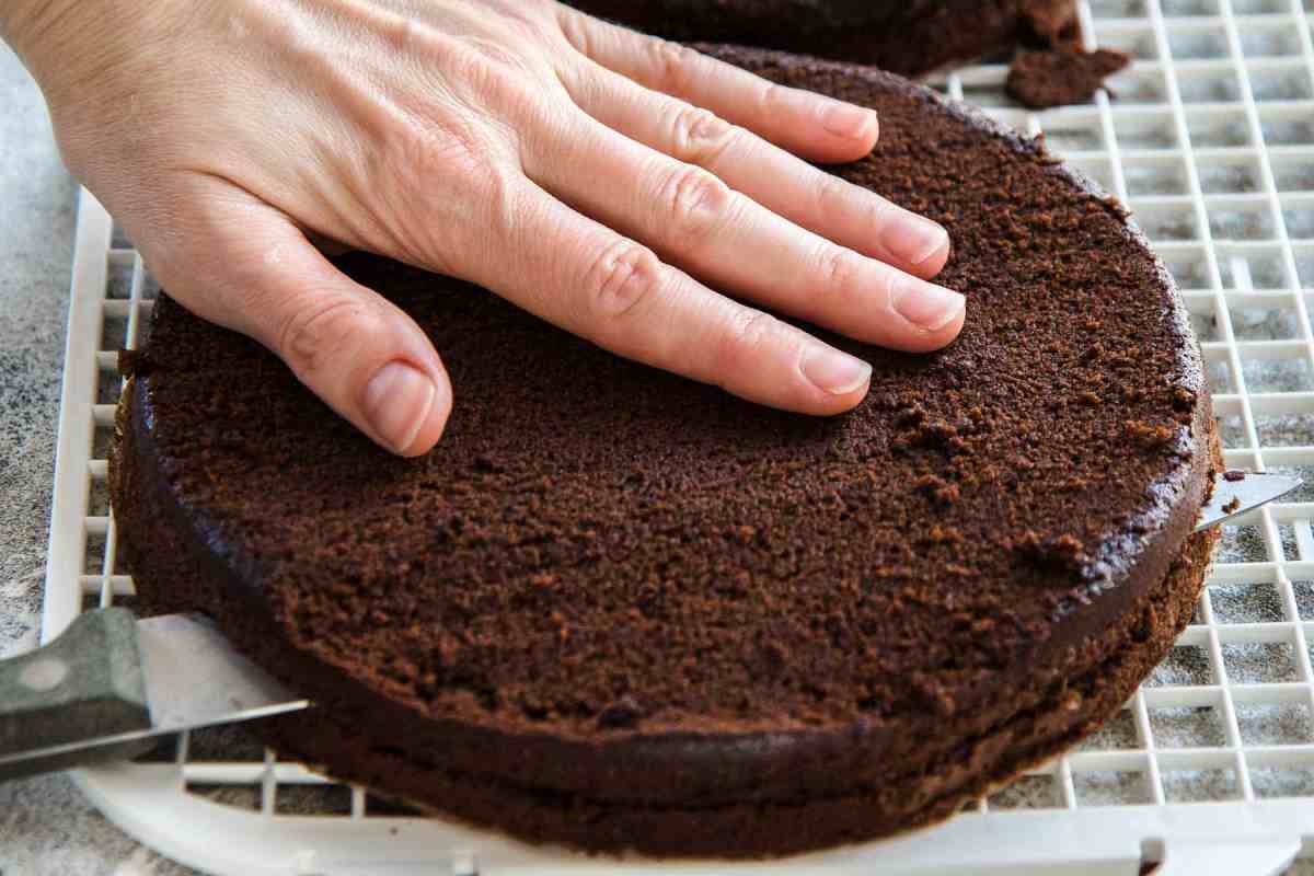 Cutting the chocolate cake layers in half horizontally