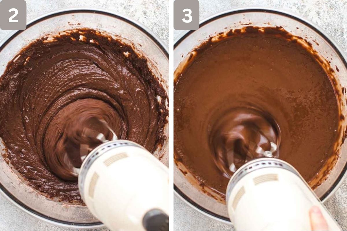 flour, cocoa, sugar, baking powder, salt, and espresso powder combined and oil, eggs, buttermilk, and vanilla combined and mixed together with the dry ingredients