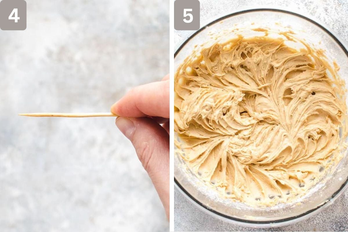 Toothpick that has come out clean and peanut butter frosting prepared while cake is cooling down