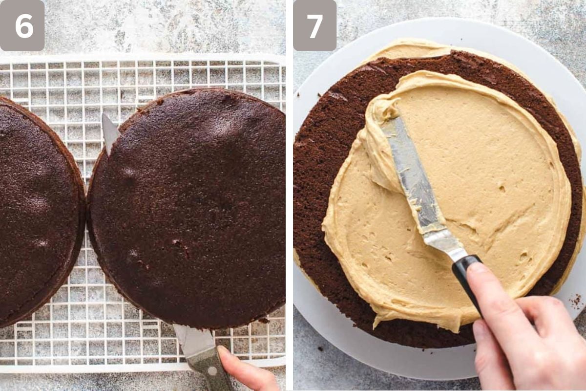 Top of the cake sliced off and then frosted with the peanut butter frosting