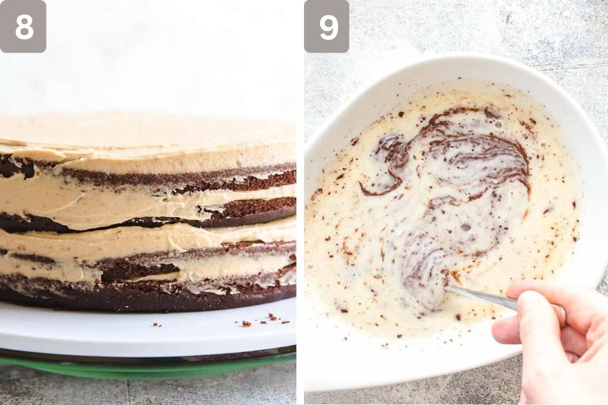 sides of the cake frosted and chocolate, cream and corn syrup heated in a heatproof bowl