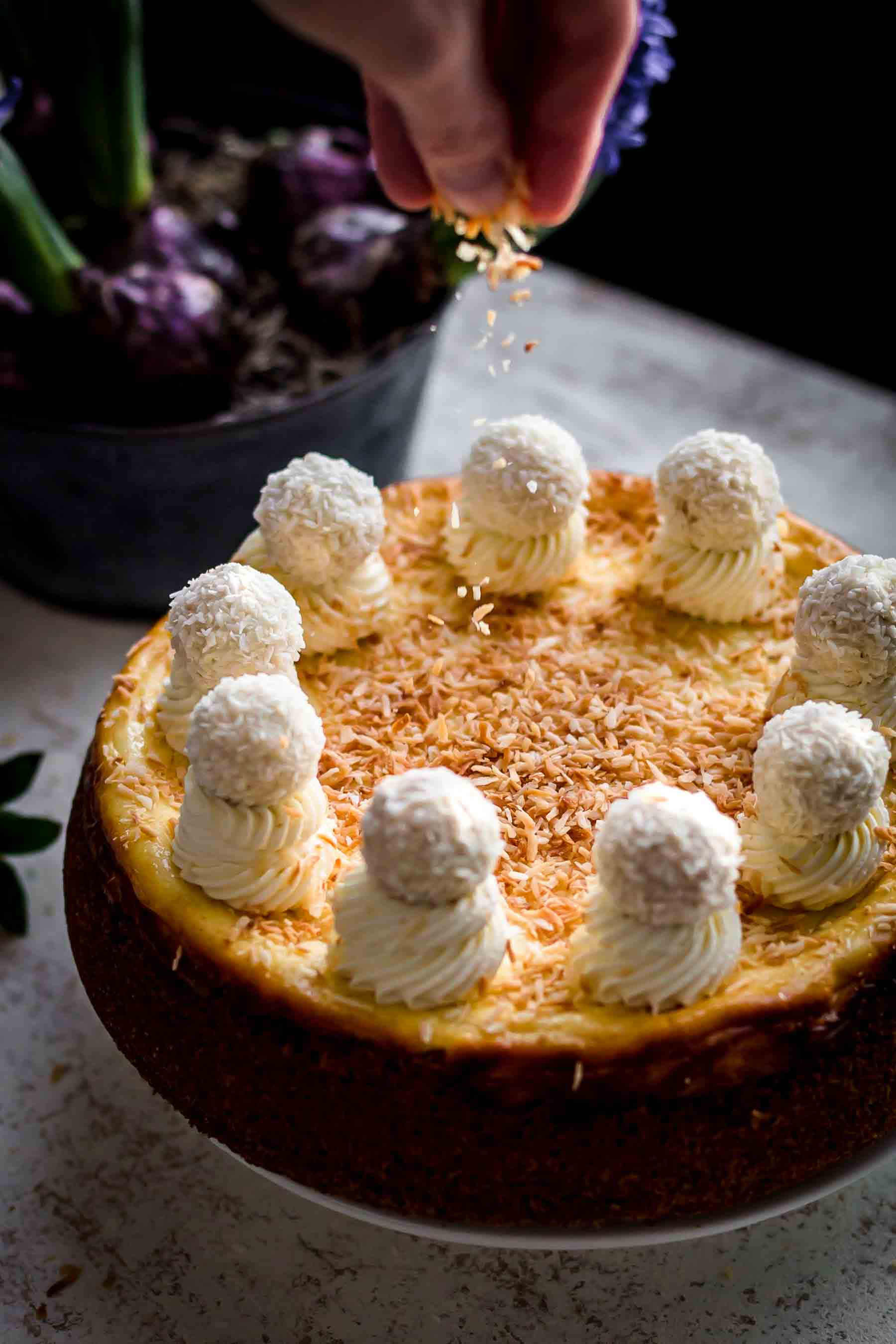 Baked and decorated Coconut Cheesecake on serving plate