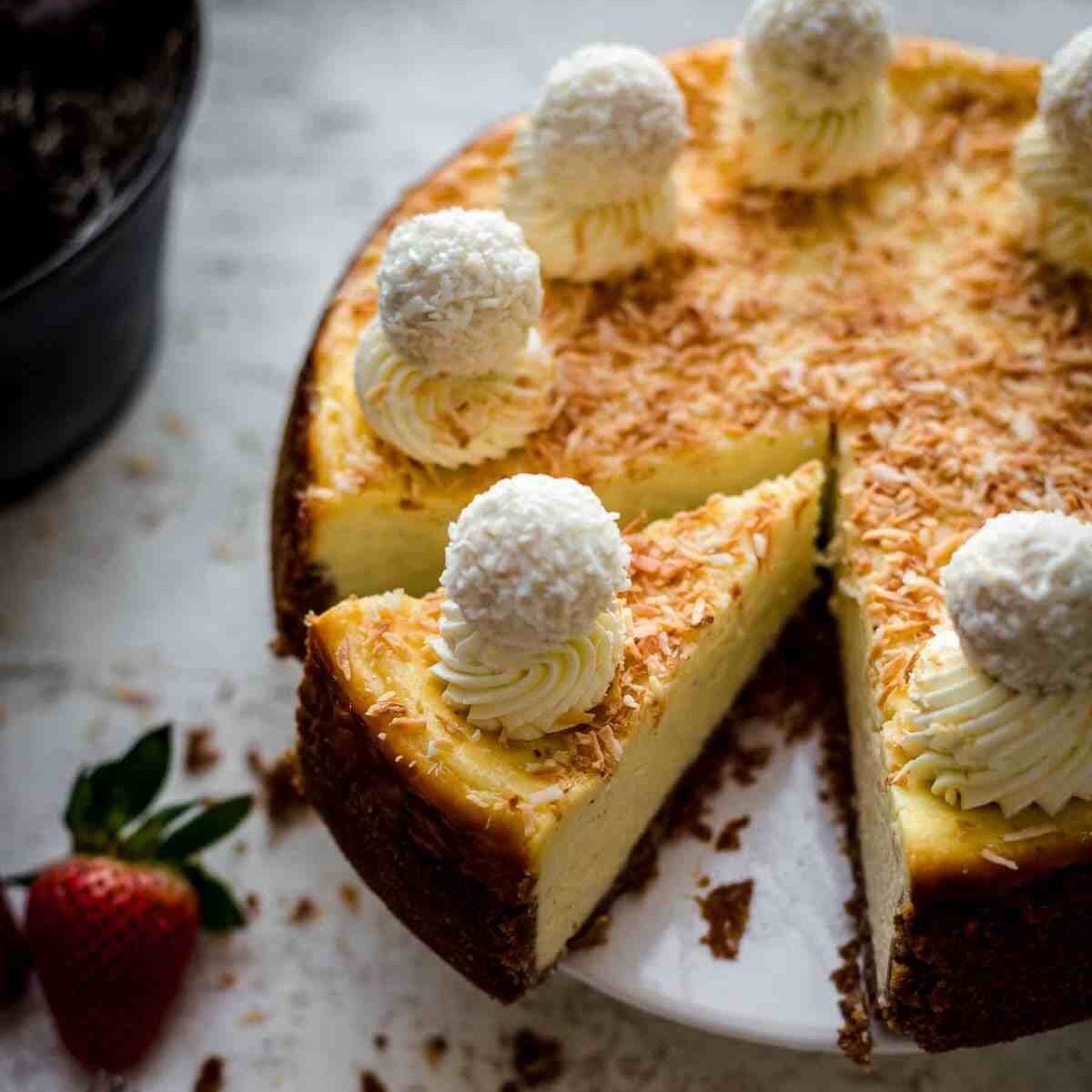 Sliced Coconut Cheesecake on a serving plate