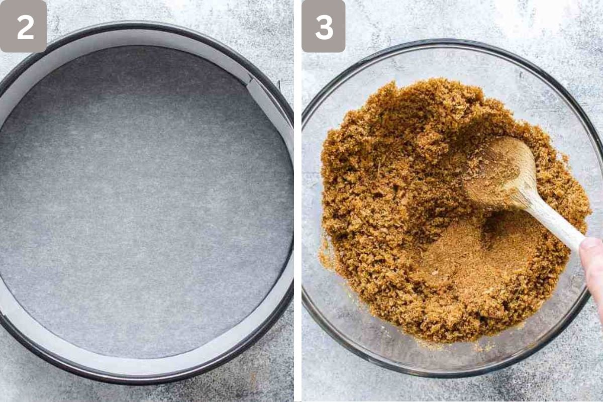 Springform pan lined with parchment paper and Graham cracker crumbs crushed