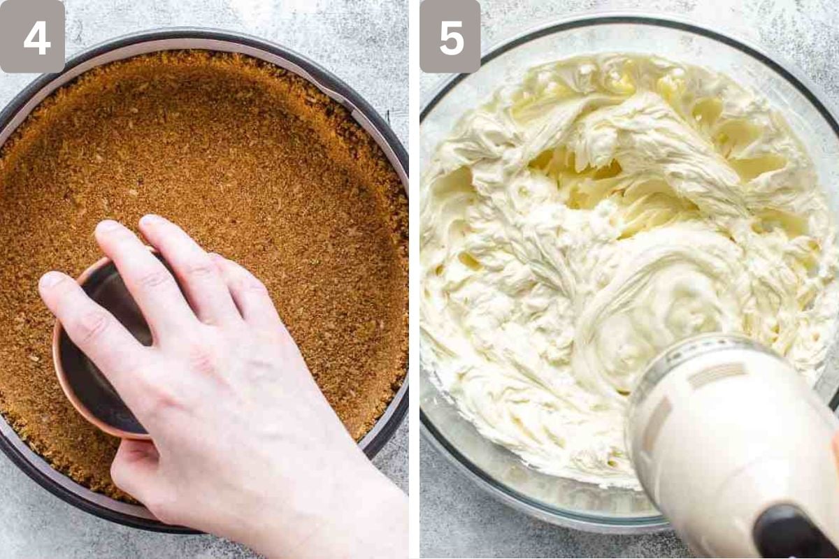 Graham cracker crumbs pressed into pan to form a crust, and cream cheese, sugar and flour mixed
