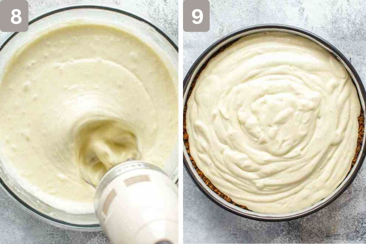 Eggs added one at a time while mixing and then mixture added to Graham crust
