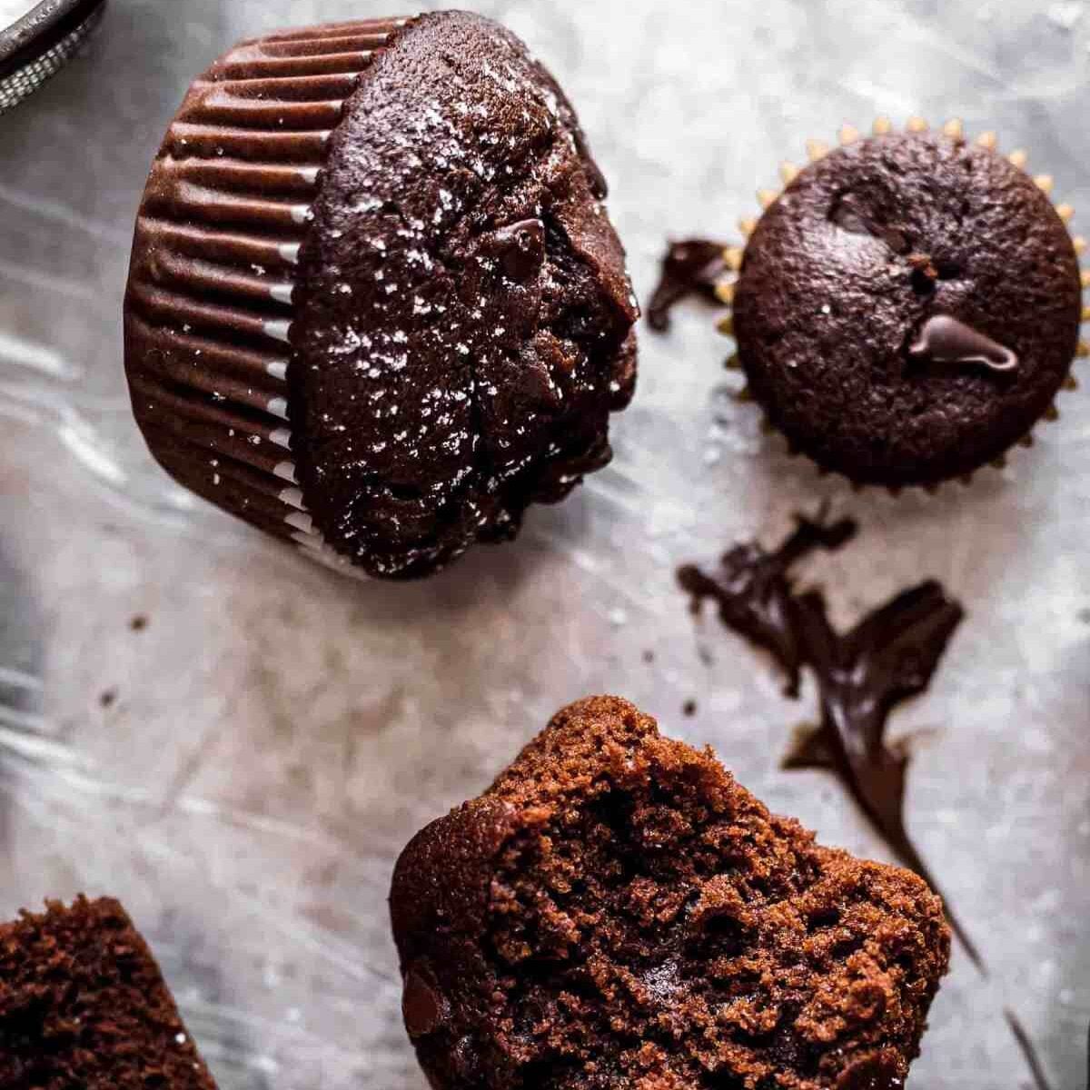 Overhead shot of bitten Double Chocolate Muffin