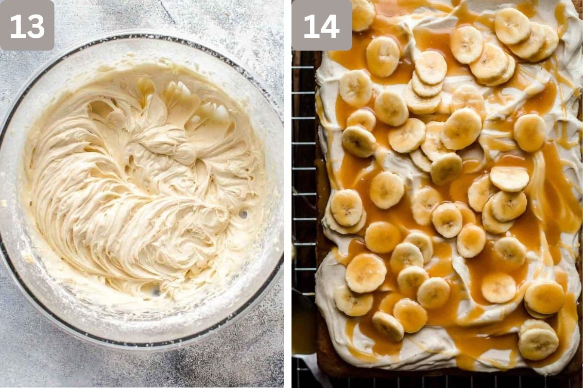 frosting added to cake with banana slices and caramel sauce