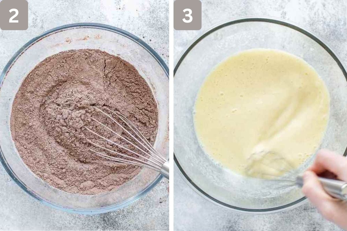 flour, sugar, cocoa, baking powder, and salt mixed and all the wet ingredients mixed in a separate bowl