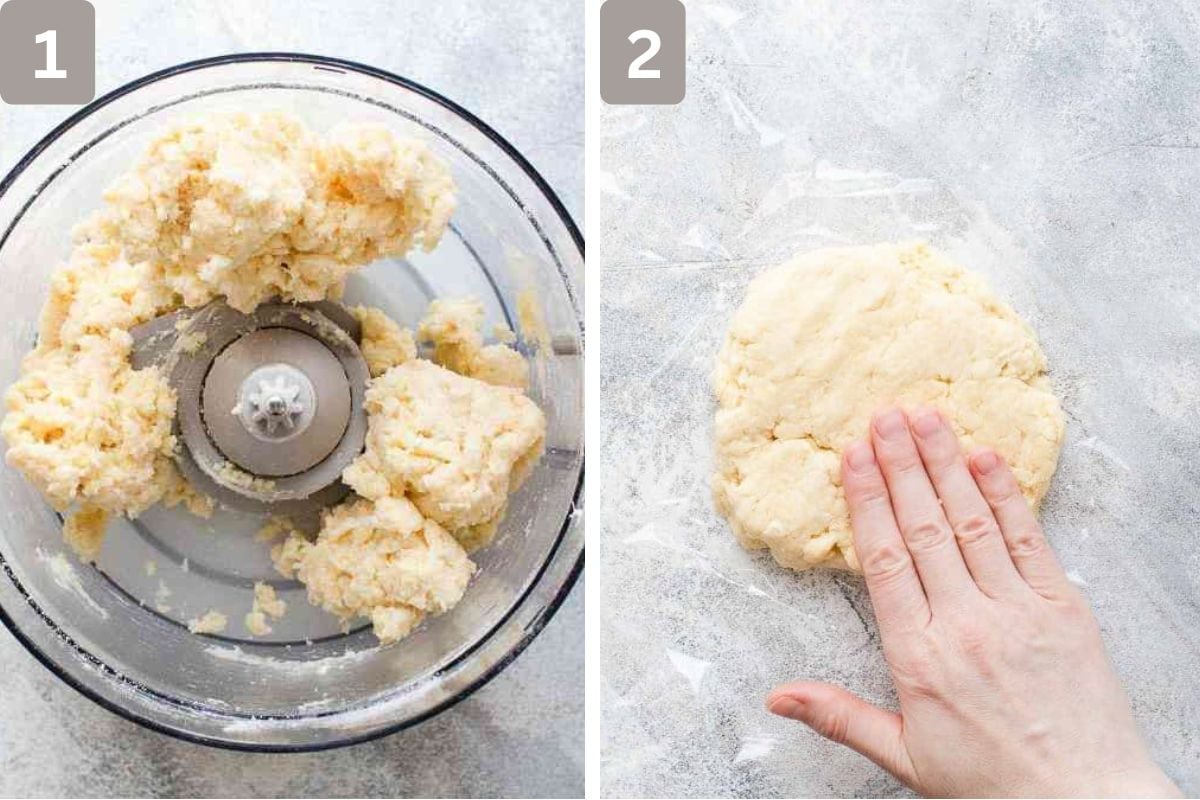 flour, salt, sugar, and butter pulsed and then wrapped in plastic wrap
