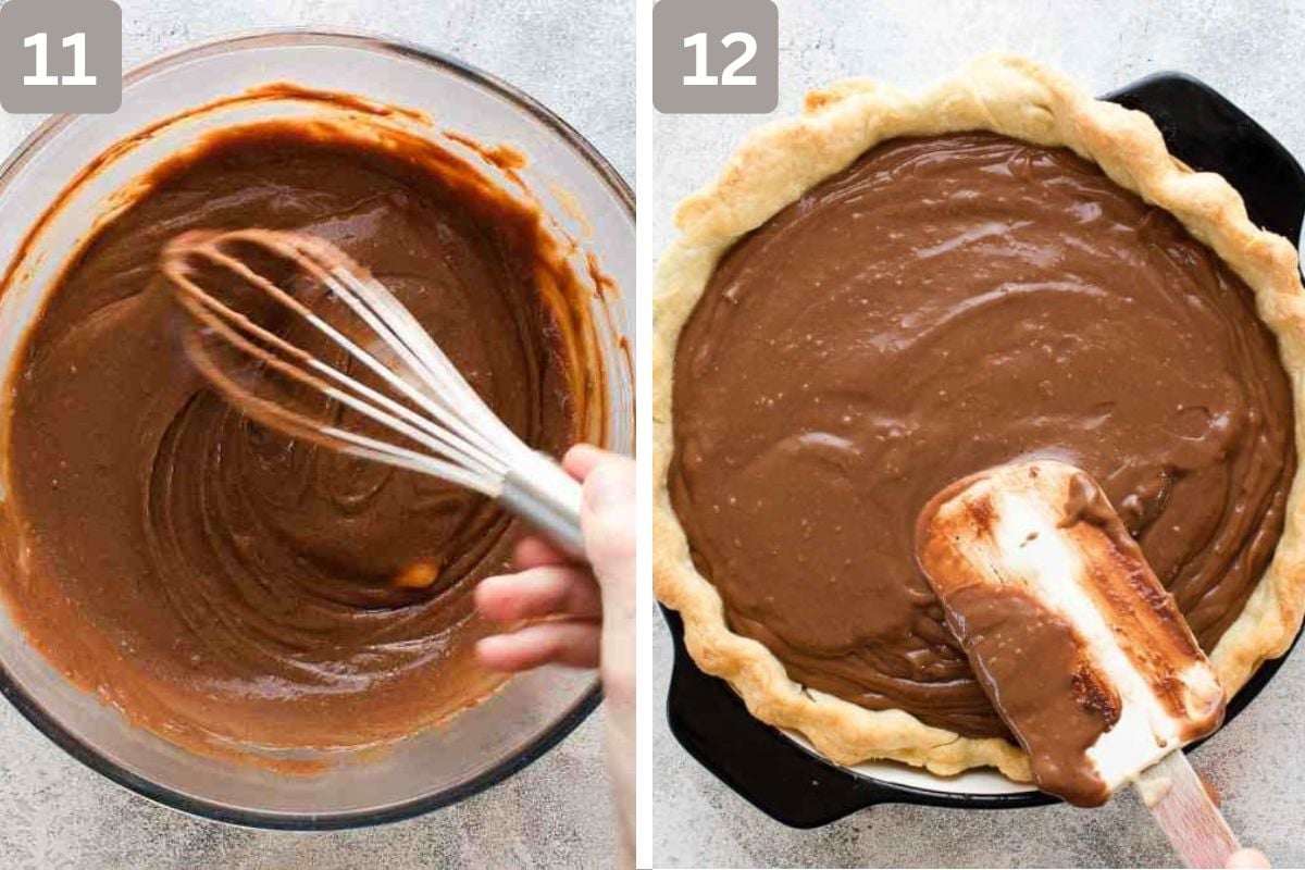 Chocolate and vanilla added and whisked, and then placed on the pie crust
