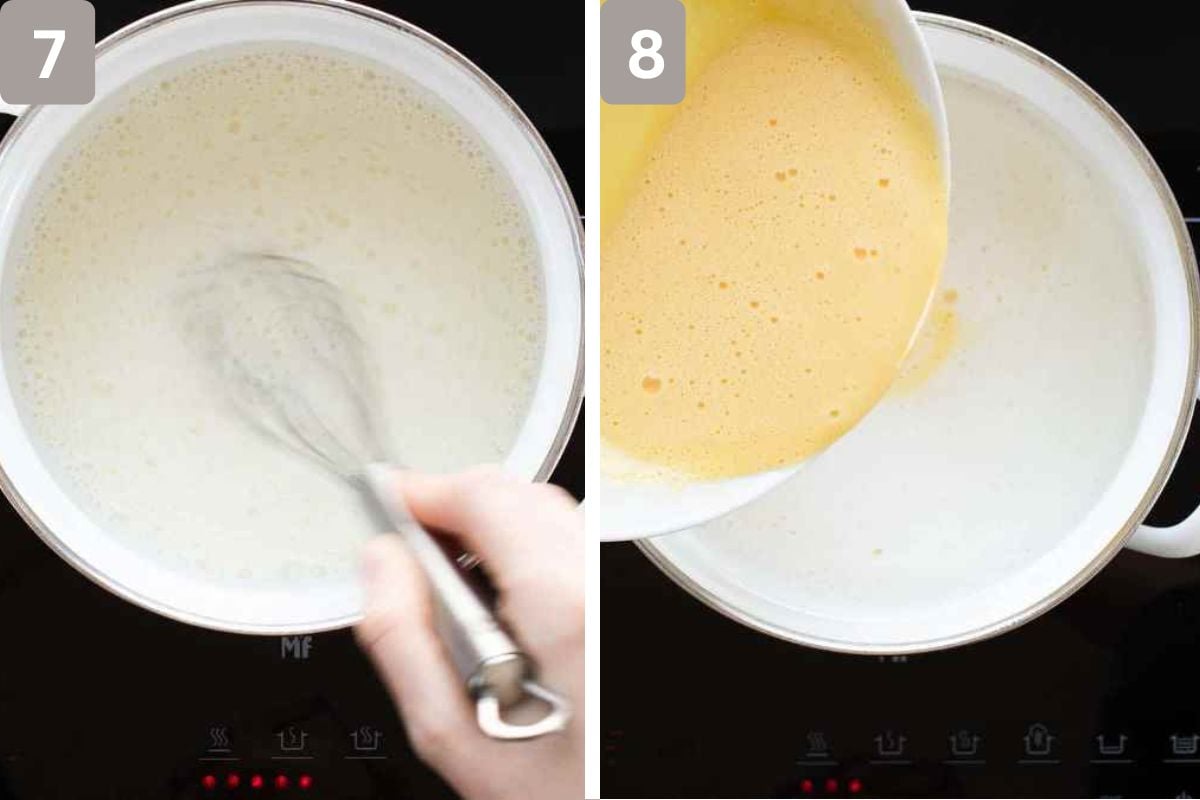 Milk simmering on a stove and egg mixture added slowly