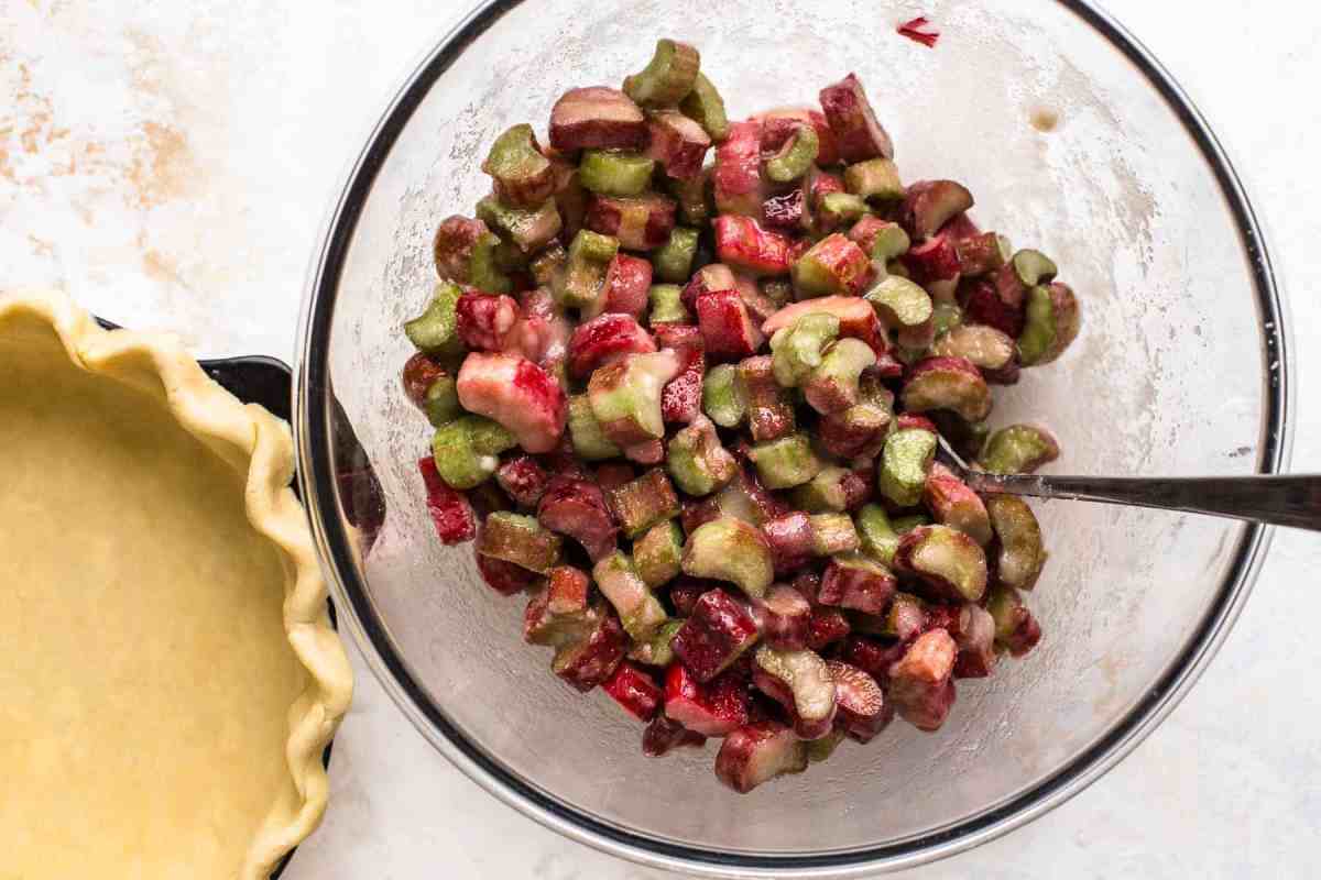 rhubarb diced up in bowl for pie filling