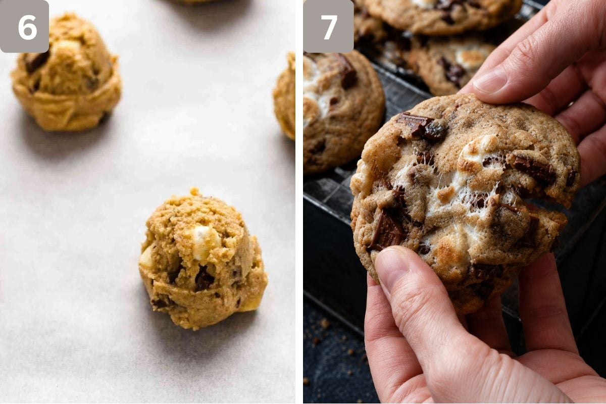 Cookies lined on a baking tray and a close-up of cookies after they have been baked