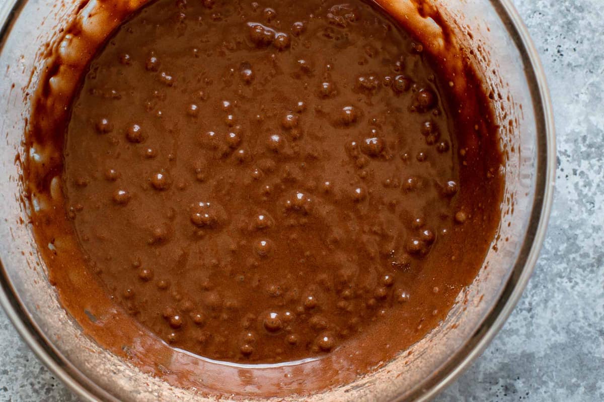 Mixed chocolate sponge cake batter in a bowl