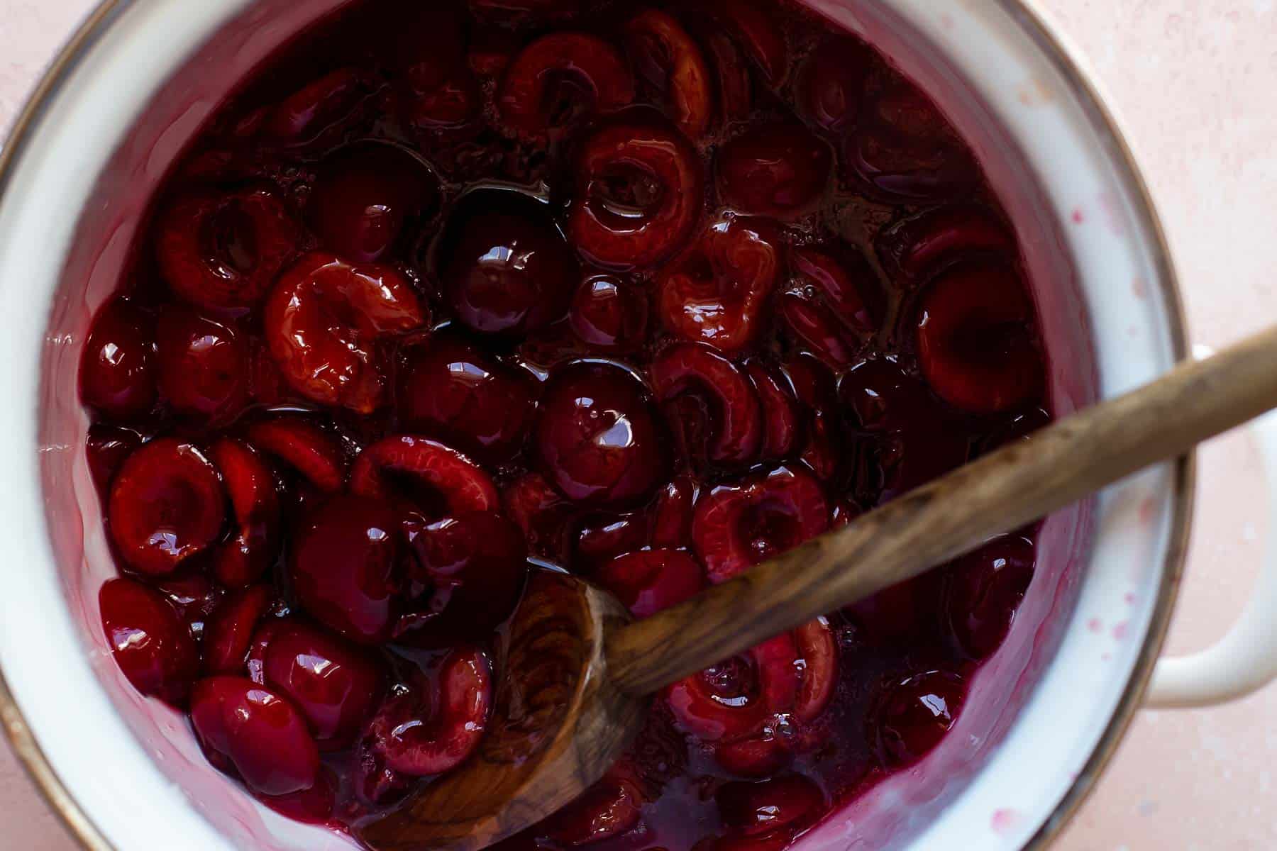 cooked cherry filling in a saucepan