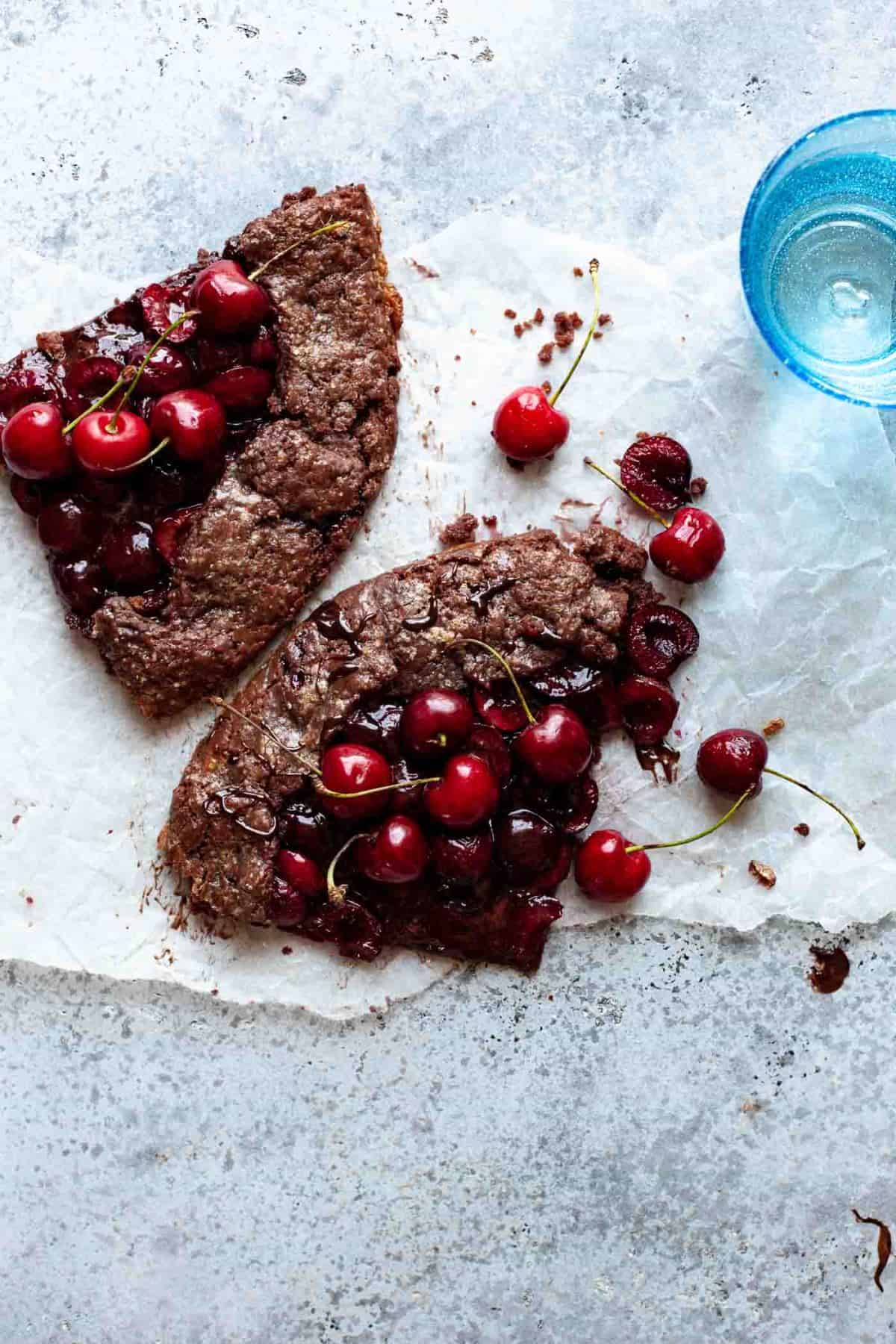 cherry chocolate galette on counter