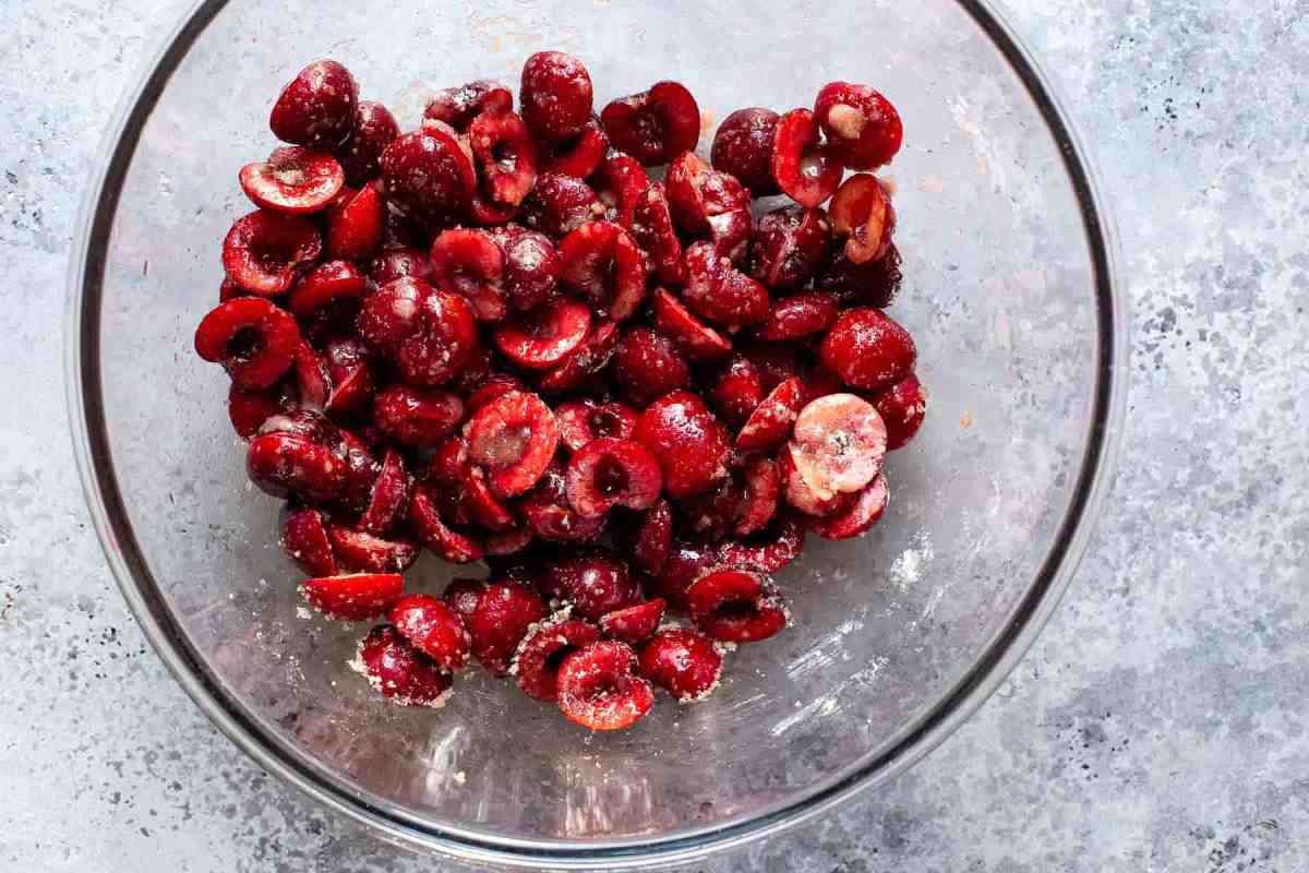sliced cherries in a bowl