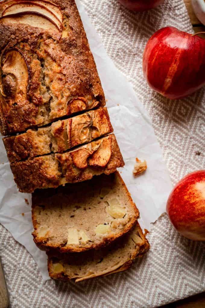 apple bread sliced on counter