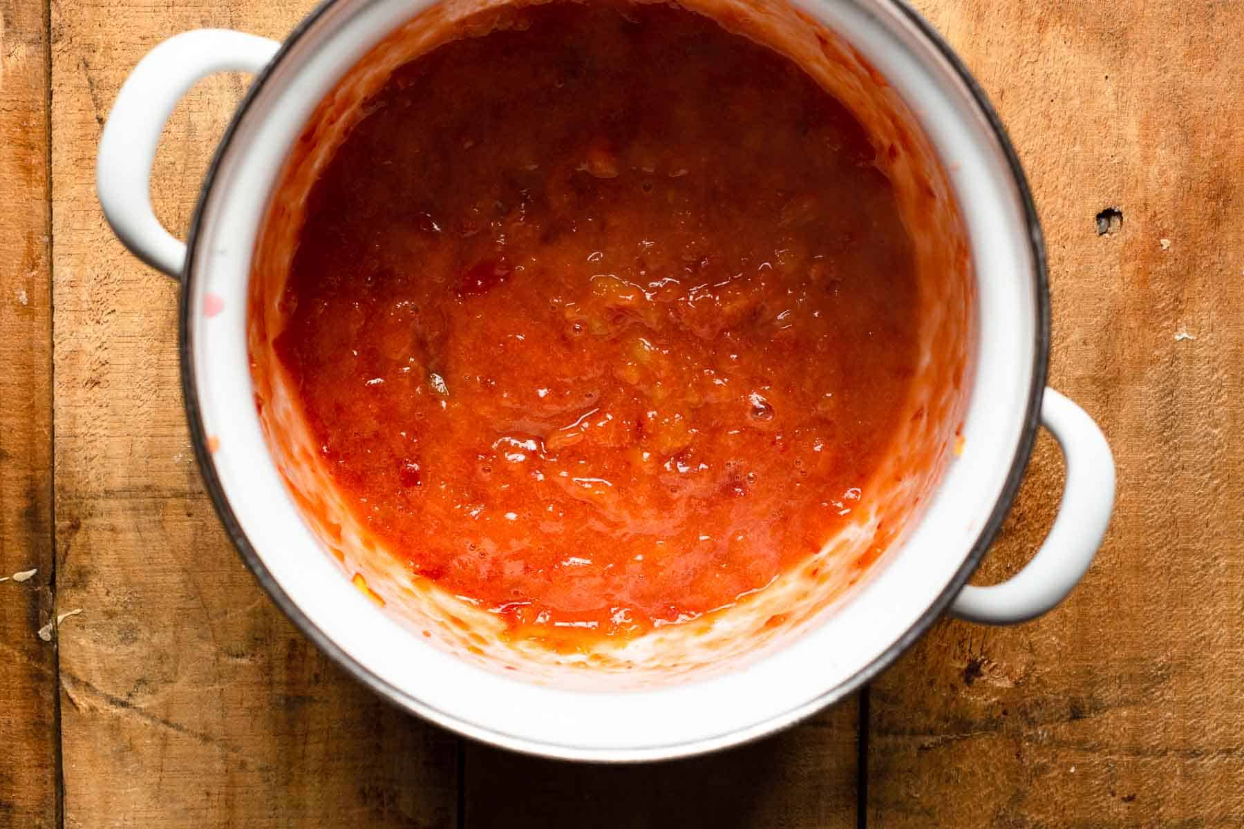 homemade peach jam in a saucepan