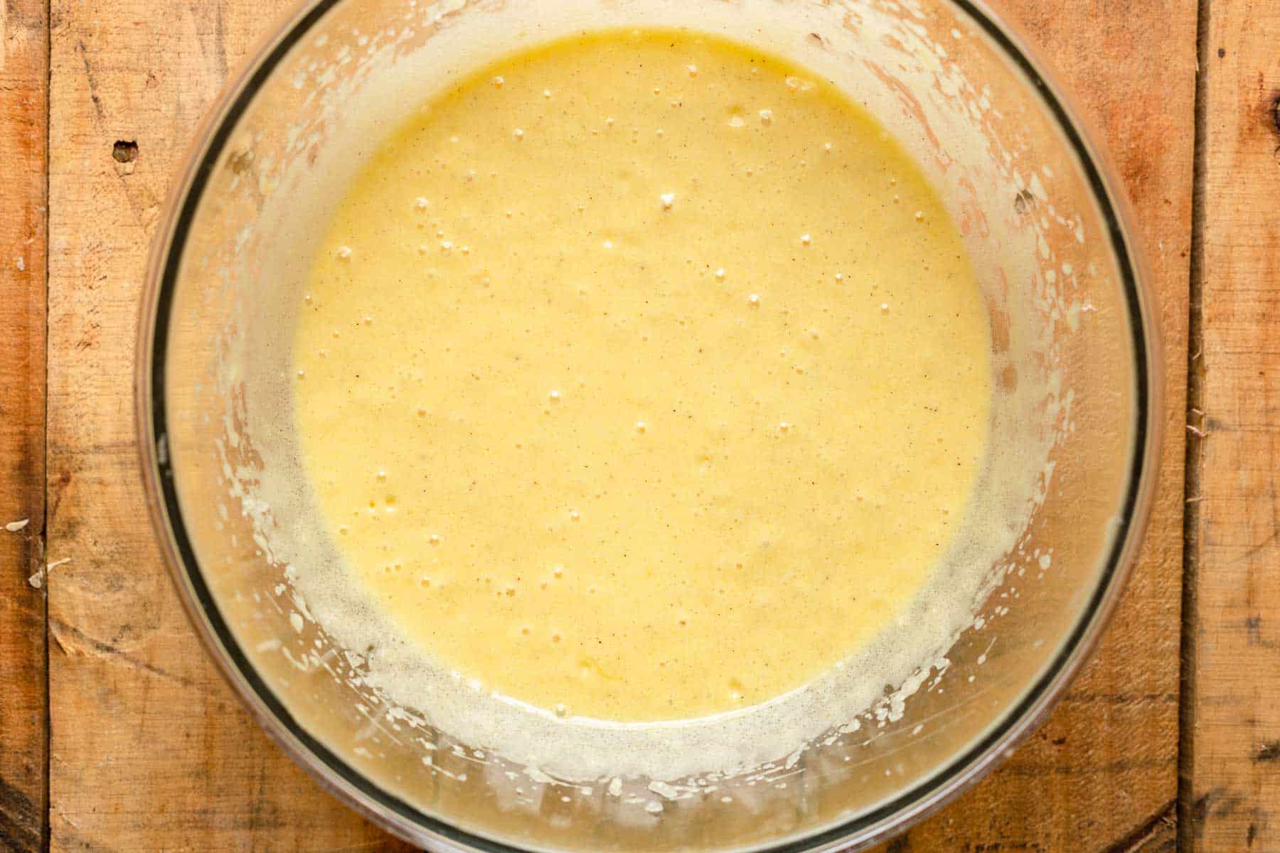 liquid cake batter in a mixing bowl