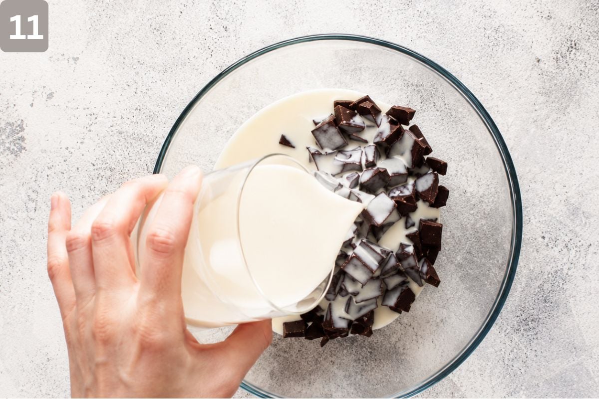chopped chocolate bars, sweetened condensed milk, and heavy cream in a bowl