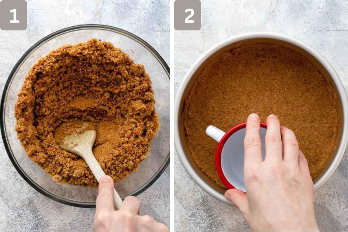graham cracker crumbs, sugar, and melted butter stirred and pressed evenly into pan
