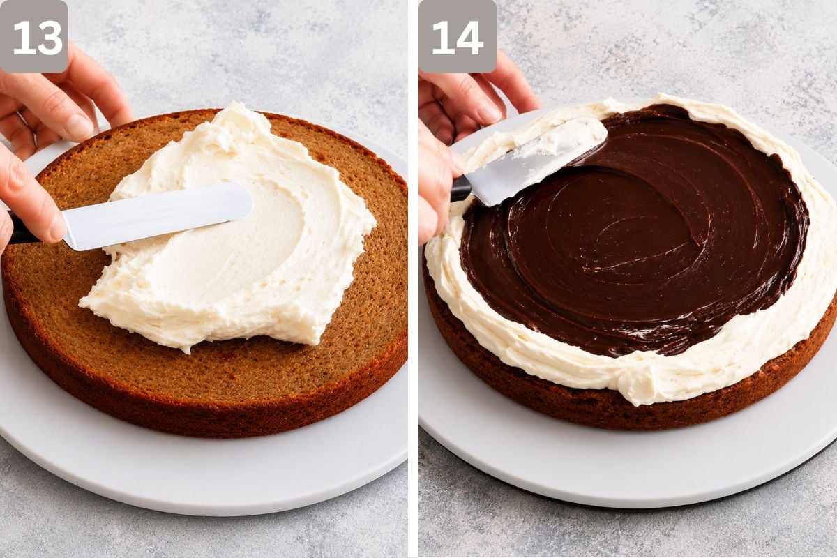 Frosting spread on top of the cake and chocolate fudge added to the top of the frosting