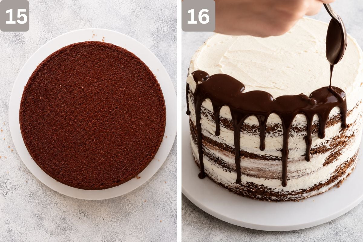 Last layer of cake placed on top and glaze placed on the top, with frosting on the sides too