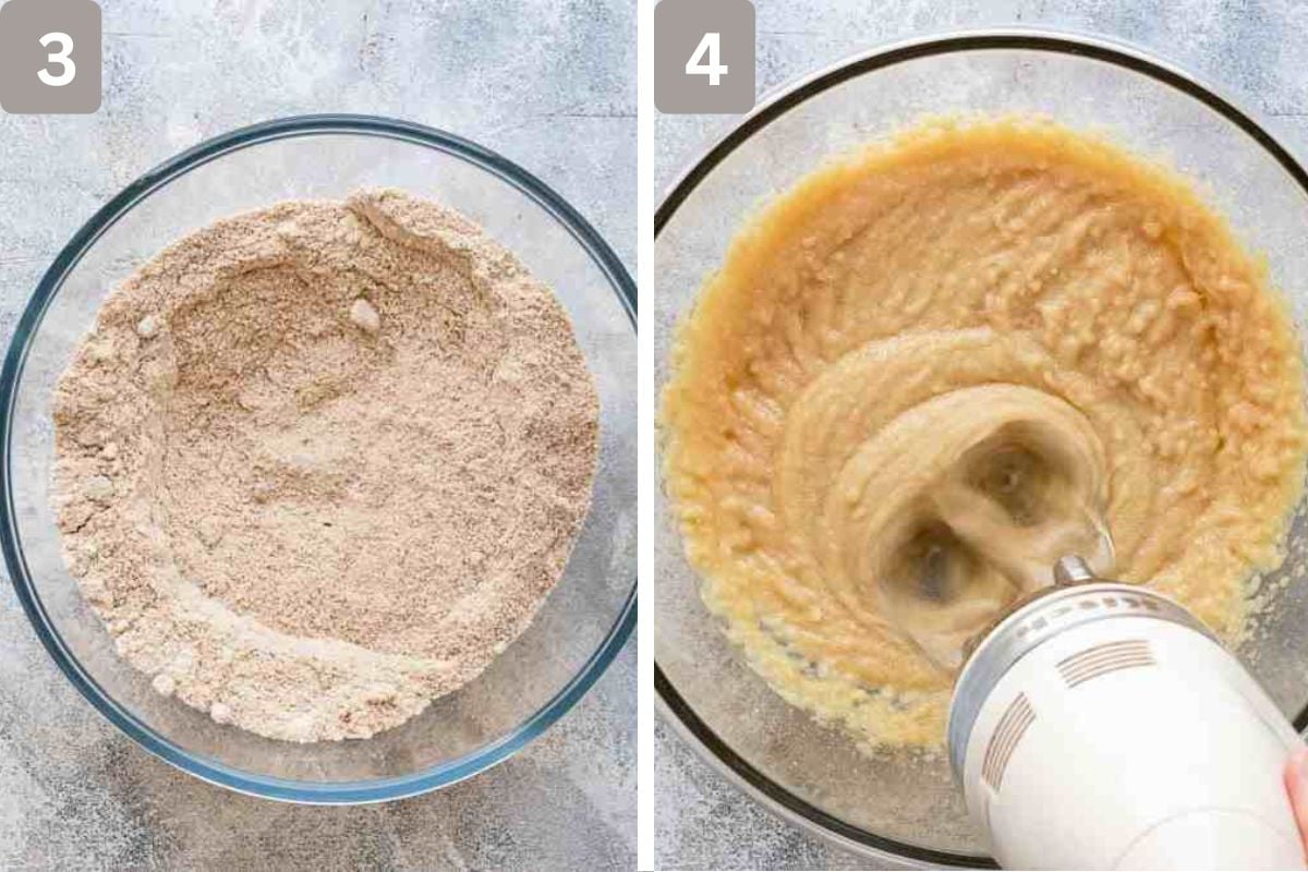 Graham cracker crumbs, flour, baking powder, and salt stirred and butter oil and sugar beaten in a seperate bowl