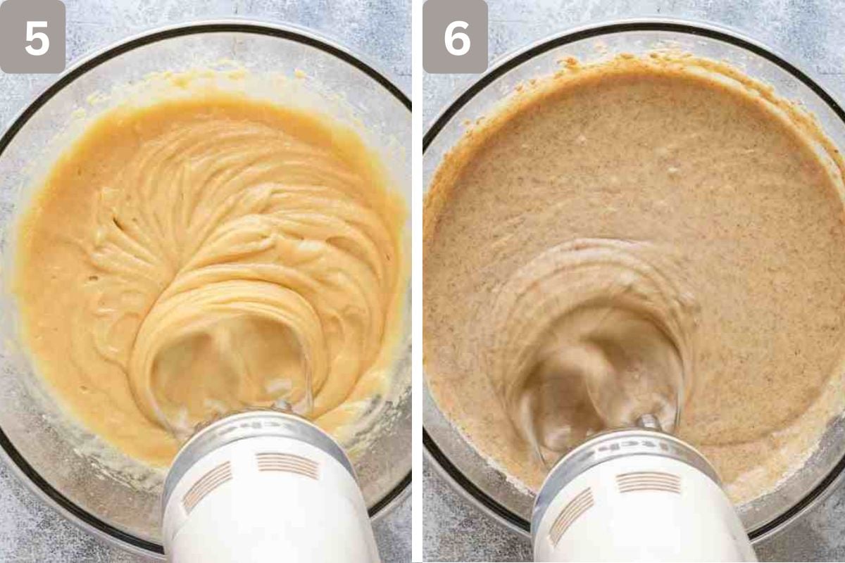 One egg added at a time and mixed and then dry ingredients added alternately and mixed 