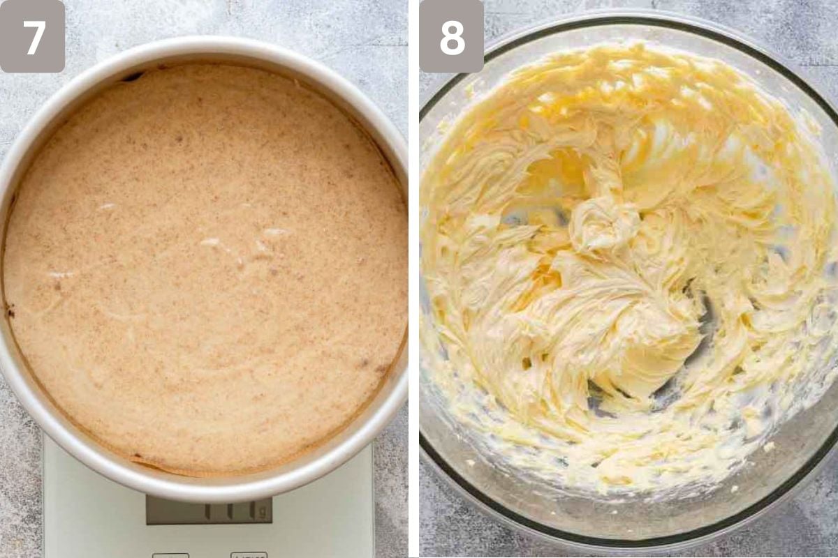 Batter equally divided between two pans and butter whisked until fluffy