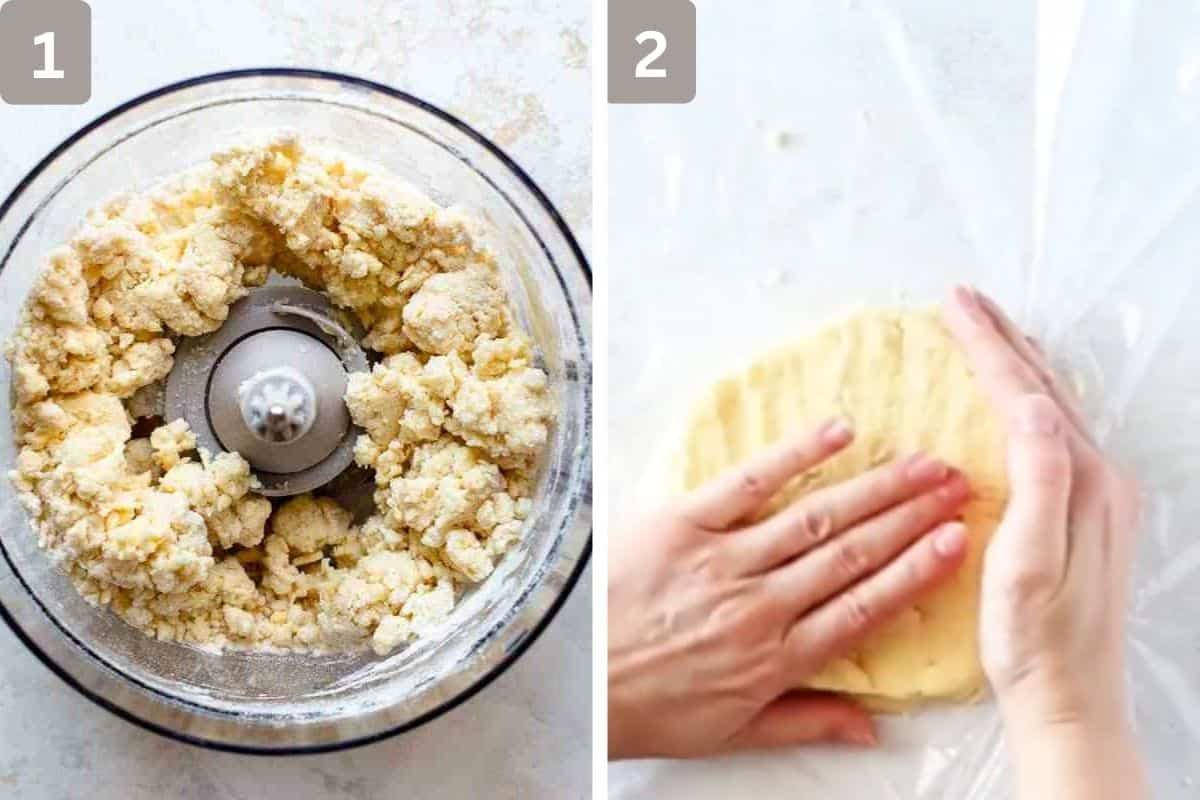 flour, sugar, salt, and butter pulsed in food processor and dough being shaped before refrigerating on the right