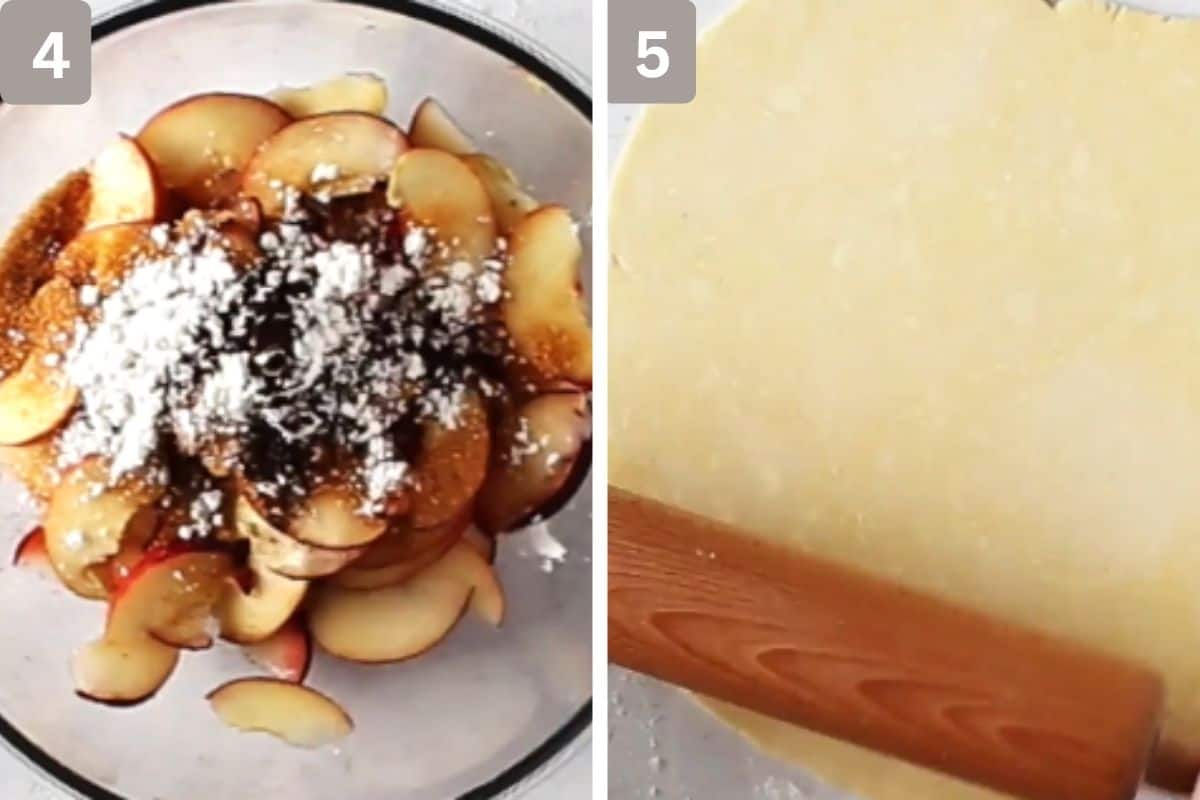 peaches, sugar, cornstarch, and vanilla in a mixing bowl and dough being rolled out on the right