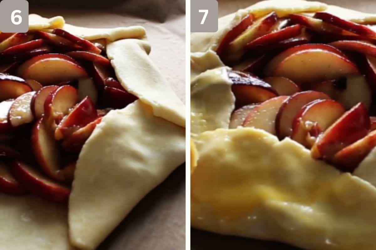 Edges folded and egg wash spread on dough on the right