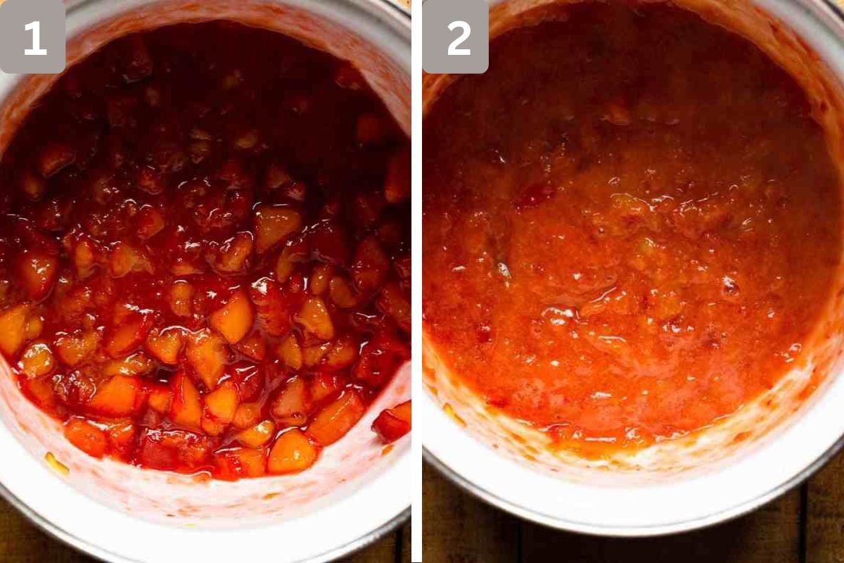 peaches cooking down in a pot and making sauce for peach filling