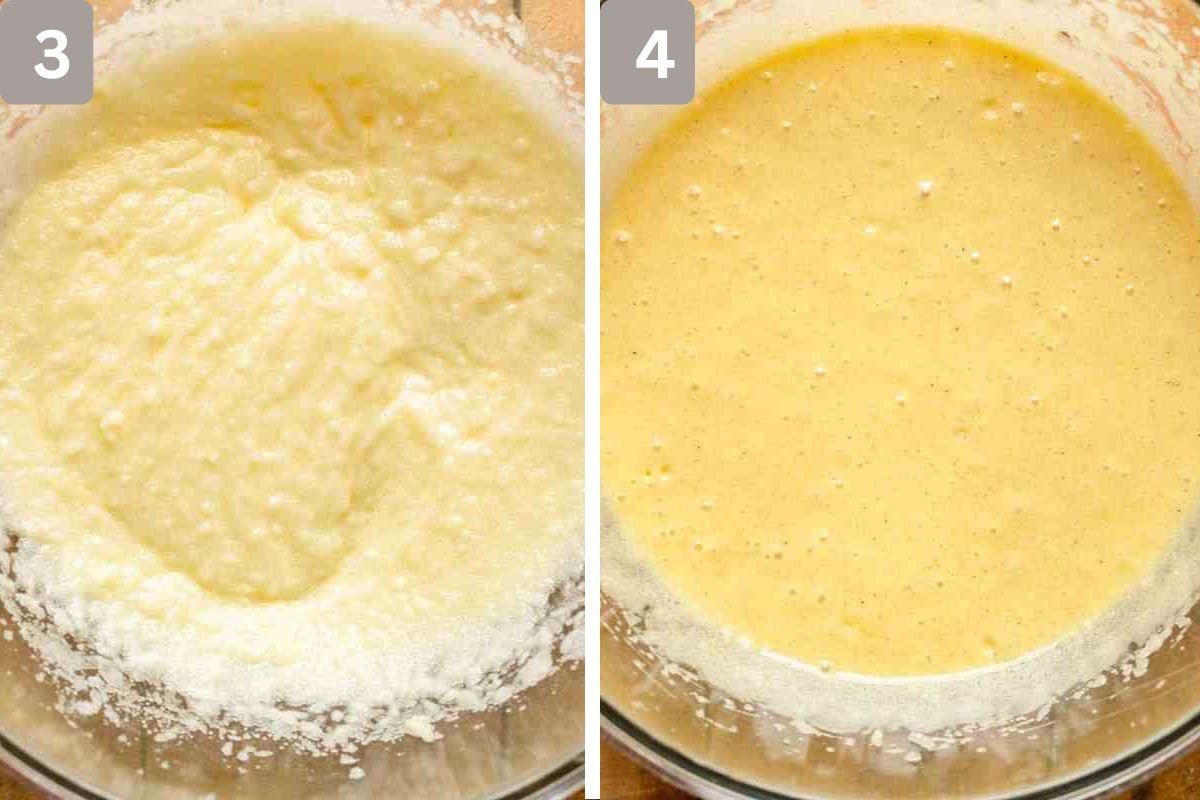 blending ingredients for cake batter and mixing up batter in a bowl for cake mix