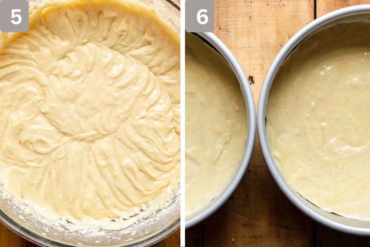 batter for cake in a glass bowl and divided into two pans equally with cake batter