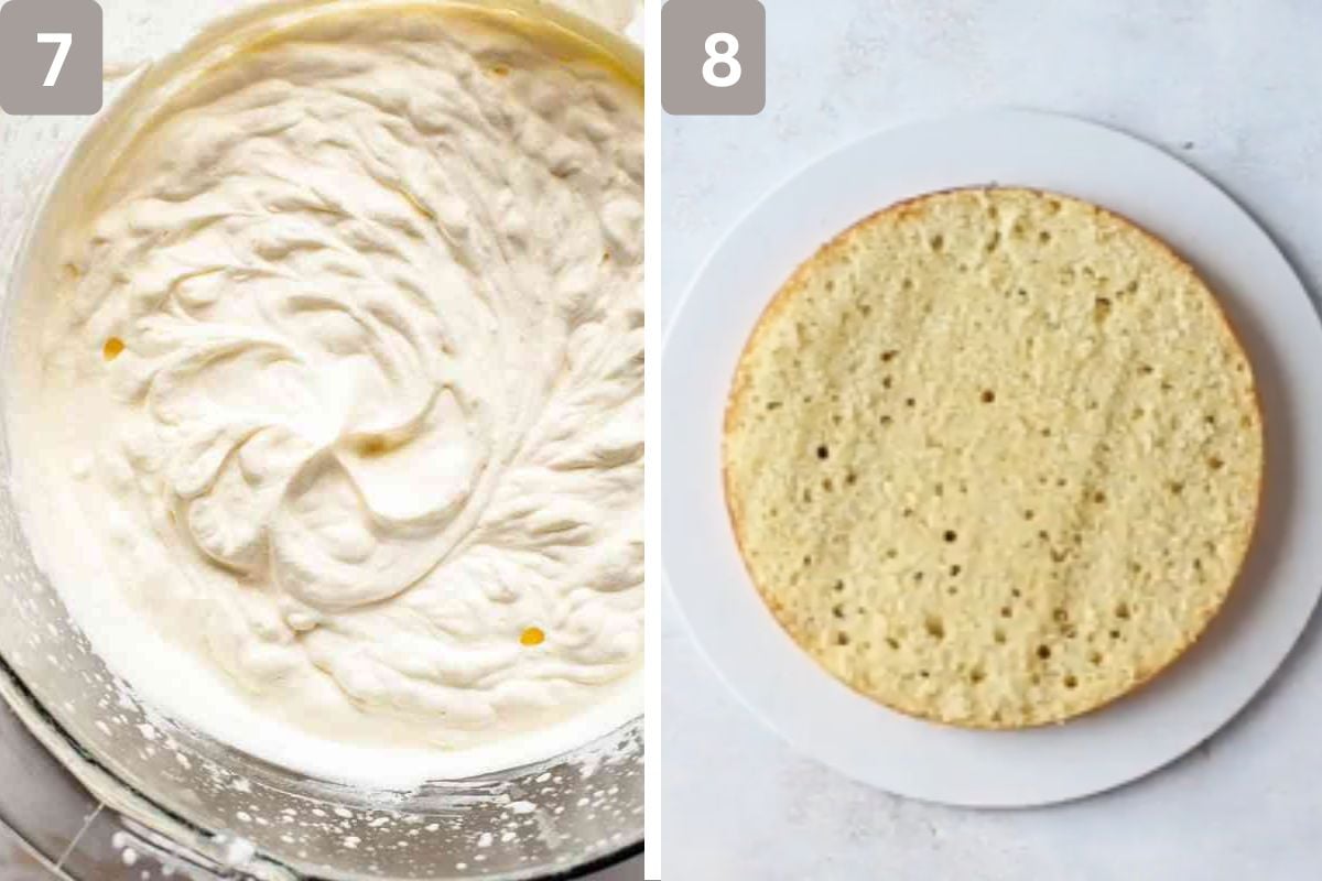 whipped cream in bowl and cake layer ready to be frosted