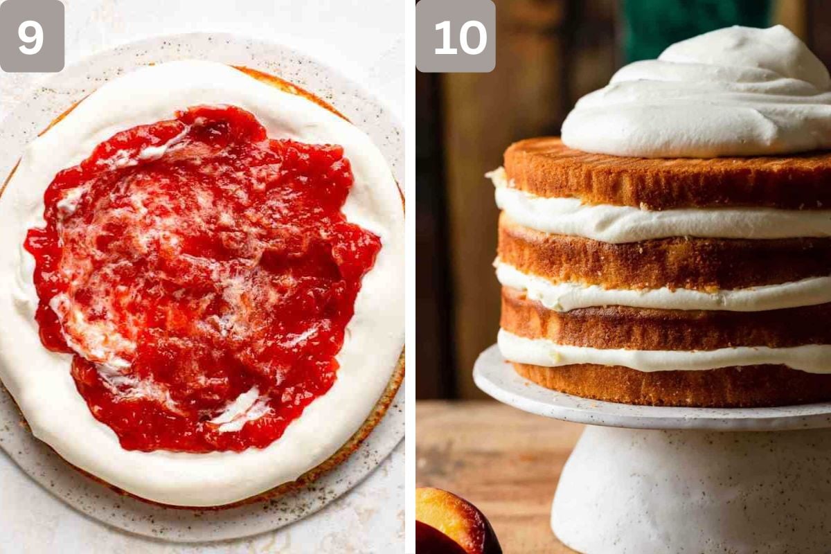 peach filling on top of whipped cream and peaches and cream cake on a cake stand