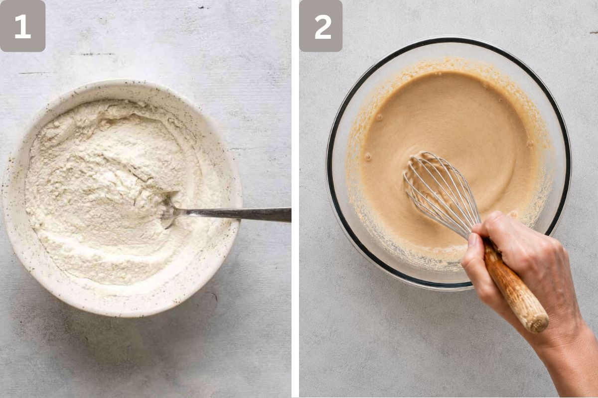 Flour, baking powder, sugar and salt mixed, and peanut butter, egg, milk, and heavy cream mixed in a separate bowl