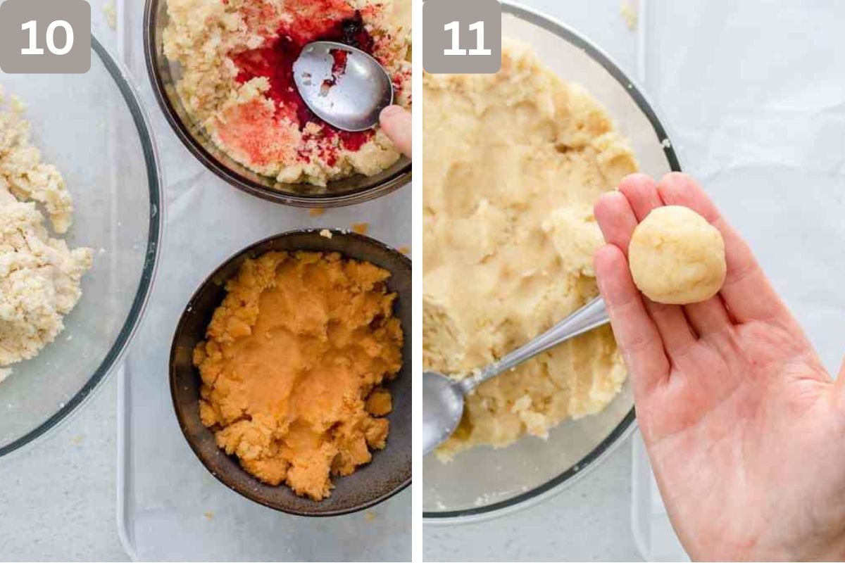 Mixture divided into balls and food coloring added. Mixture rolled into balls