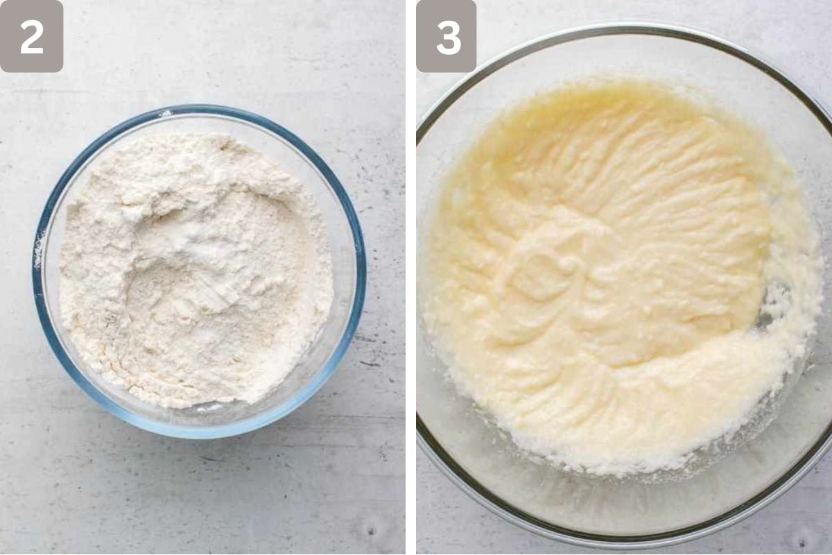  flour, baking powder, and salt mixed and butter, oil, and sugar beaten in a separate bowl, and vanilla and egg whites mixed in as well