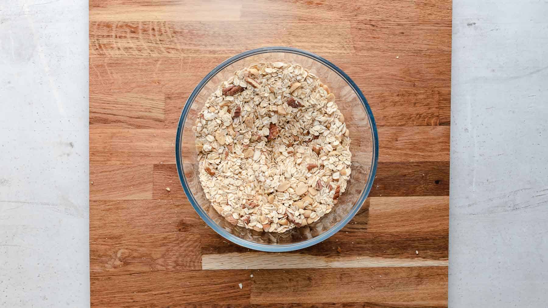 nuts and oats in glass bowl