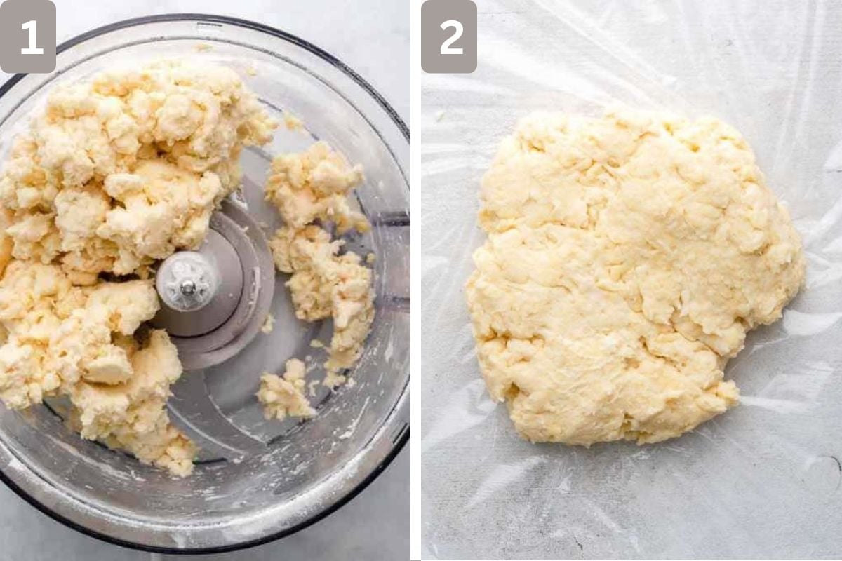 flour, salt, sugar, and cold butter pulsed and cold water added, and dough transferred to plastic wrap
