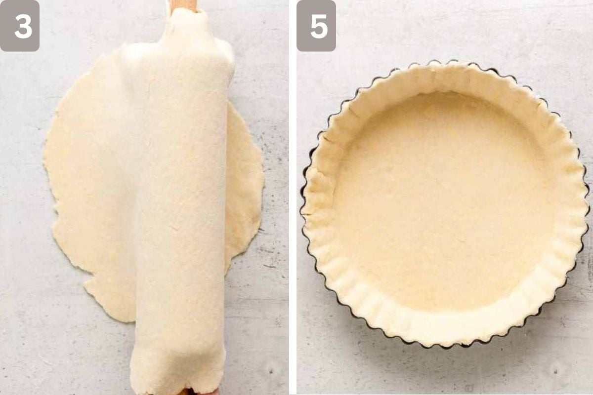 chilled dough rolled and added to baking pan, pressed and shaped to fir pan