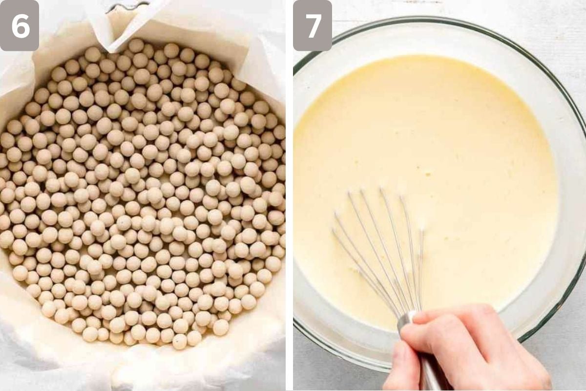 Beans added as weights and eggs, sugar, milk, heavy cream, salt, vanilla, and nutmeg whisked