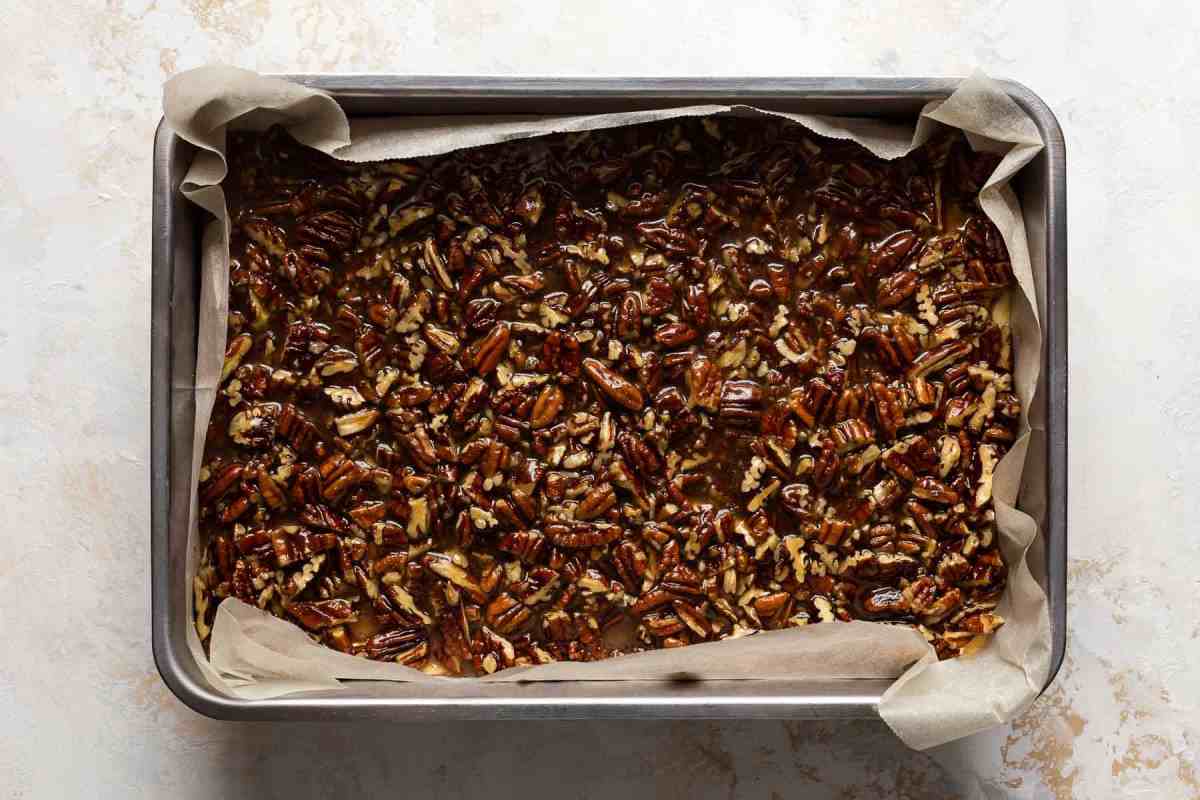 unbaked pecan bars in a baking pan